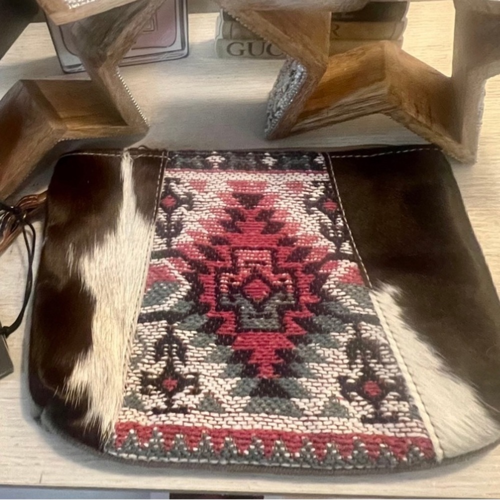 Myra Bag Cowhide Tribal Woven Leather Wristlet Pouch Western Boho NWT